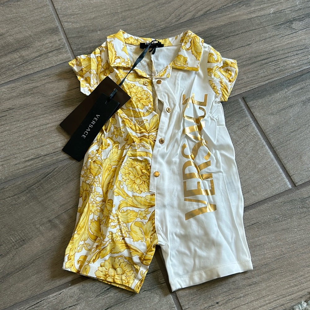 Versace Yellow and White Baroque Print Baby One-Piece
